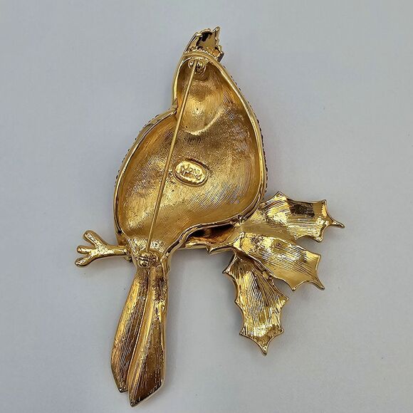 Joan Rivers Cardinal Brooch Vtg Pave Crystal Bird Enamel Holly Holiday Winter - Picture 12 of 14